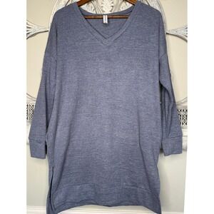 Zenana Outfitters Womens Blue Heathered V-Neck Long‎ Pockets Sleeve Tunic Top  M